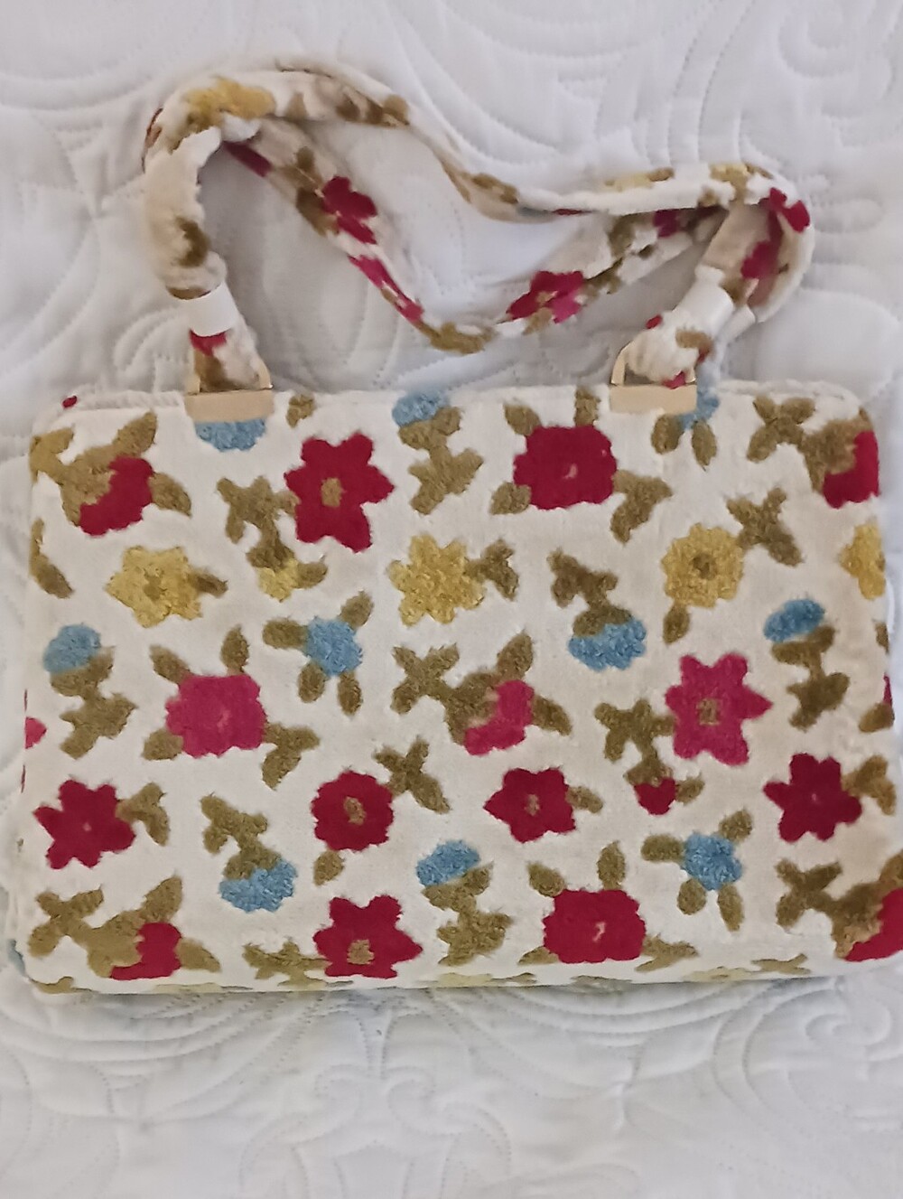 Vintage 60s Mod Plush Handbag Fuzzy Floral Material Hot Pink Blue Green Yellow
